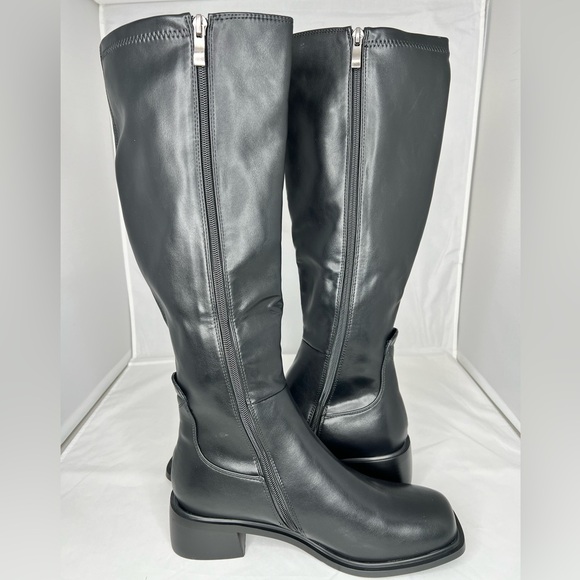 Knee High Faux Leather Elastic Low Heel Square Toe Side Zipper Tall Boots Size 9 - Picture 7 of 9